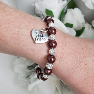 Handmade best friend pearl and pave crystal rhinestone charm bracelet - chocolate brown or custom color - Best Friend Bracelet - Best Friend Gift