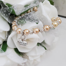 Load image into Gallery viewer, Handmade mother of the groom pearl and pave crystal rhinestone charm bracelet, champagne or custom color - Mother of the Groom Gift - Bridal Gifts
