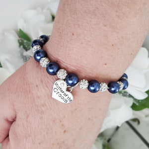Handmade mother of the groom pearl and pave crystal rhinestone charm bracelet, dark blue or custom color - Mother of the Groom Gift - Bridal Gifts