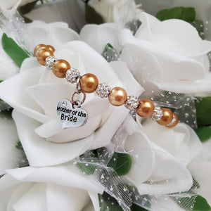Handmade mother of the bride pearl and pave crystal rhinestone charm bracelet, copper (gold) or custom color - Mother of the Bride Pearl Bracelet - Bridal Bracelets