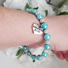 Load image into Gallery viewer, Handmade mother of the bride pearl and pave crystal rhinestone charm bracelet, aquamarine blue or custom color - Mother of the Bride Pearl Bracelet - Bridal Bracelets