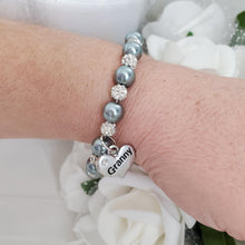 Load image into Gallery viewer, Handmade Granny Pave Crystal and Pearl Charm Bracelet, silver and dark grey or silver and custom color - Granny Present - Granny Gift - Granny Mothers Day