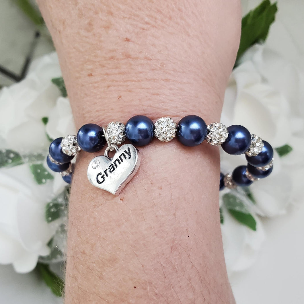 Handmade Granny Pave Crystal and Pearl Charm Bracelet, silver and dark blue or silver and custom color - Granny Present - Granny Gift - Granny Mothers Day