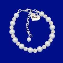 Load image into Gallery viewer, Gran Gift - Gran Present - Gran Mothers Day - handmade gran pearl and crystal charm bracelet, white and silver or custom color