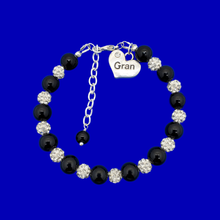 Load image into Gallery viewer, Gran Gift - Gran Present - Gran Mothers Day - handmade gran pearl and crystal charm bracelet, black and silver or custom color