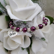 Load image into Gallery viewer, Handmade gran pearl and pave crystal charm bracelet, burdundy red and silver or custom color - Gran Gift - Gran Present - Gran Mothers Day