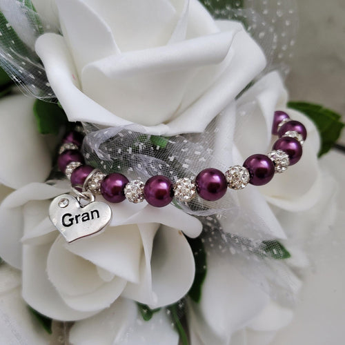 Handmade gran pearl and pave crystal charm bracelet, burdundy red and silver or custom color - Gran Gift - Gran Present - Gran Mothers Day