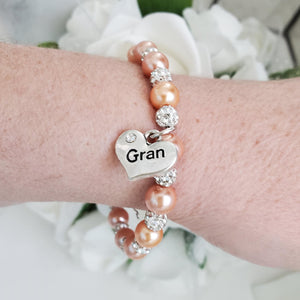 Handmade gran pearl and pave crystal charm bracelet, powder orange and silver clear or custom color - Gran Gift - Gran Present - Gran Mothers Day