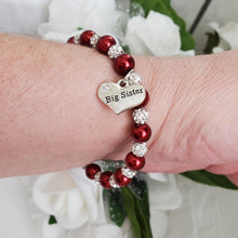Load image into Gallery viewer, Handmade sister pearl crystal charm bracelet, bordeaux red or custom color - Big Sister Present - Big Sister Gift - Sister Gift