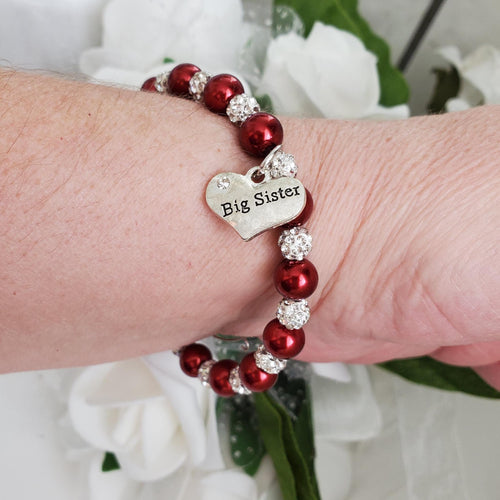 Handmade sister pearl crystal charm bracelet, bordeaux red or custom color - Big Sister Present - Big Sister Gift - Sister Gift
