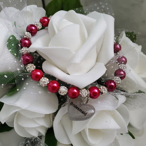 Handmade bridesmaid pearl and pave crystal charm bracelet, dark pink or custom color - Bridesmaid Gift, Bridesmaid Proposal, Bridesmaid Jewelry, bridal gifts