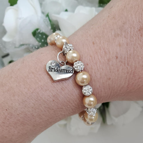 Handmade bridesmaid pearl and pave crystal charm bracelet, champagne or custom color - Bridesmaid Gift, Bridesmaid Proposal, Bridesmaid Jewelry, bridal gifts