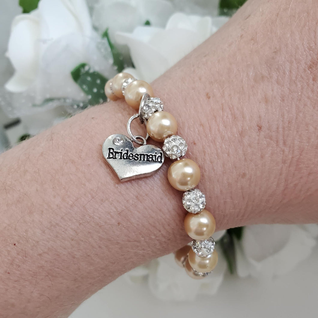 Handmade bridesmaid pearl and pave crystal charm bracelet, champagne or custom color - Bridesmaid Gift, Bridesmaid Proposal, Bridesmaid Jewelry, bridal gifts