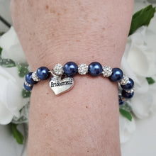 Load image into Gallery viewer, Handmade bridesmaid pearl and pave crystal charm bracelet, dark blue or custom color - Bridesmaid Gift, Bridesmaid Proposal, Bridesmaid Jewelry, bridal gifts