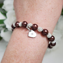 Load image into Gallery viewer, Handmade monogram pearl and pave crystal rhinestone charm bracelet - chocolate brown or custom color - Personalized Pearl Bracelet - Initial Bracelet
