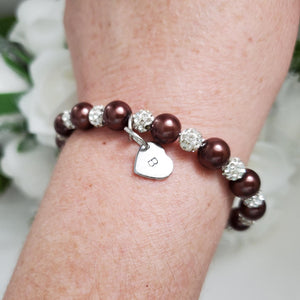 Handmade monogram pearl and pave crystal rhinestone charm bracelet - chocolate brown or custom color - Personalized Pearl Bracelet - Initial Bracelet