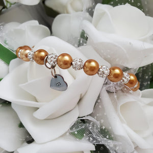 Handmade monogram pearl and pave crystal rhinestone charm bracelet - copper or custom color - Personalized Pearl Bracelet - Initial Bracelet