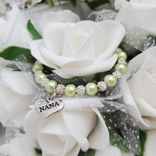 Load image into Gallery viewer, Handmade nana pearl and pave crystal rhinestone charm bracelet, light green and silver or custom color - Nana Pearl Bracelet - Nana Bracelet - Bracelets