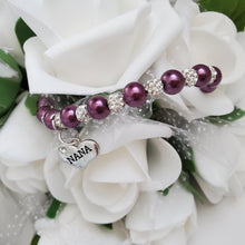 Load image into Gallery viewer, Handmade nana pearl and pave crystal rhinestone charm bracelet, burgundy red and silver or custom color - Nana Pearl Bracelet - Nana Bracelet - Bracelets
