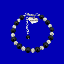 Load image into Gallery viewer, Handmade mommy pearl and pave crystal rhinestone charm bracelet, black and silver or silver and custom color - Mommy Rhinestone Pearl Bracelet - Mom Gift