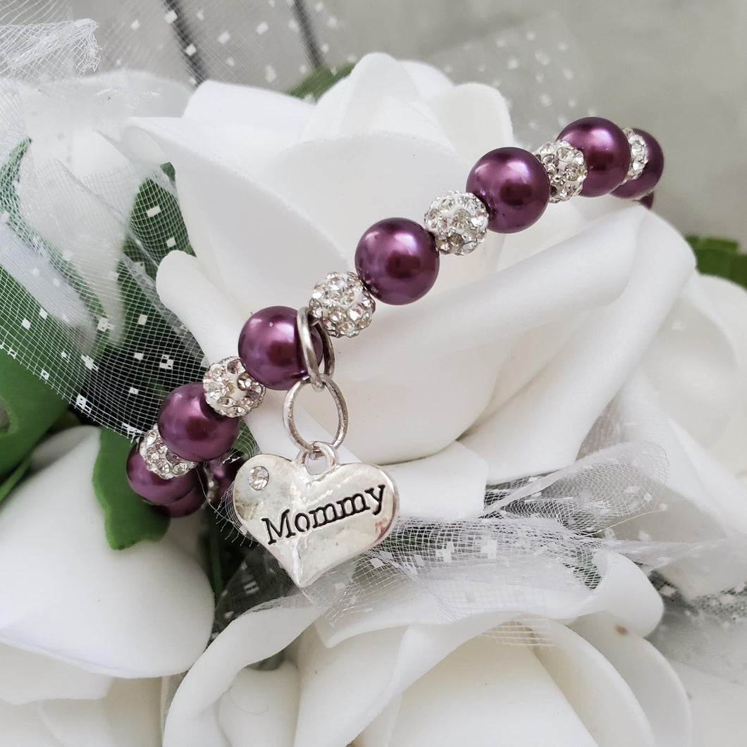 Handmade mommy pearl and pave crystal rhinestone charm bracelet, burgundy red and silver or silver and custom color - Mommy Rhinestone Pearl Bracelet - Mom Gift