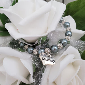 Handmade mommy pearl and pave crystal rhinestone charm bracelet, dark grey and silver or silver and custom color - Mommy Rhinestone Pearl Bracelet - Mom Gift