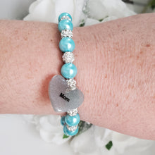 Load image into Gallery viewer, Handmade mommy pearl and pave crystal rhinestone charm bracelet, aquamarine blue and silver or silver and custom color - Mommy Rhinestone Pearl Bracelet - Mom Gift