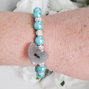 Handmade mommy pearl and pave crystal rhinestone charm bracelet, aquamarine blue and silver or silver and custom color - Mommy Rhinestone Pearl Bracelet - Mom Gift