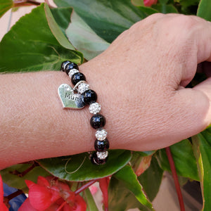 Handmade Mum pearl and pave crystal charm bracelet - black or custom color - Mum Bracelet - Mother Jewelry - Mom Gift