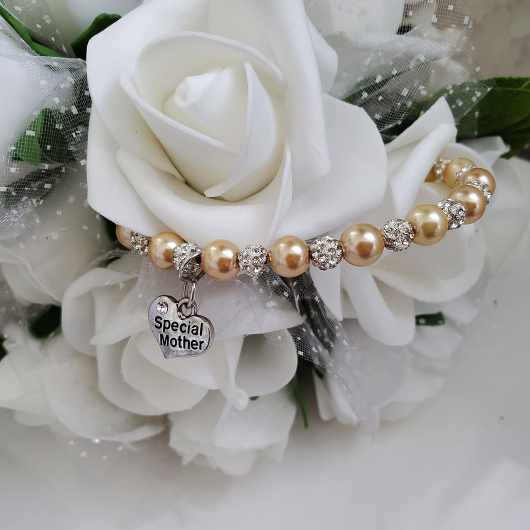 Handmade special mother pearl and pave crystal rhinestone charm bracelet, champagne or custom color - Special Mother Bracelet - Mom Bracelet - #1 Mom