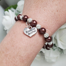 Load image into Gallery viewer, Handmade special mother pearl and pave crystal rhinestone charm bracelet, chocolate brown or custom color - Special Mother Bracelet - Mom Bracelet - #1 Mom