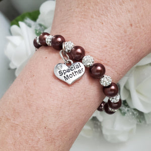 Handmade special mother pearl and pave crystal rhinestone charm bracelet, chocolate brown or custom color - Special Mother Bracelet - Mom Bracelet - #1 Mom