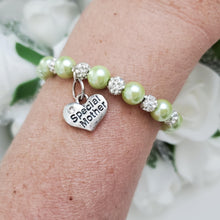Load image into Gallery viewer, Handmade special mother pearl and pave crystal rhinestone charm bracelet, light green or custom color - Special Mother Bracelet - Mom Bracelet - #1 Mom