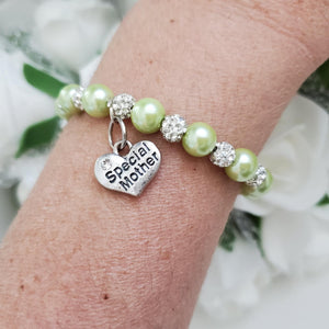 Handmade special mother pearl and pave crystal rhinestone charm bracelet, light green or custom color - Special Mother Bracelet - Mom Bracelet - #1 Mom