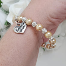 Load image into Gallery viewer, Handmade special mother pearl and pave crystal rhinestone charm bracelet, champagne or custom color - Special Mother Bracelet - Mom Bracelet - #1 Mom