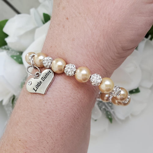Handmade little sister pearl and pave crystal charm bracelet, champagne or custom color -Little Sister Bracelet - Sister Gift - Sister Bracelet