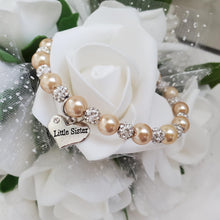 Load image into Gallery viewer, Handmade little sister pearl and pave crystal charm bracelet, champagne or custom color -Little Sister Bracelet - Sister Gift - Sister Bracelet