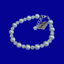 Load image into Gallery viewer, Handmade little sister pearl and pave crystal charm bracelet, ivory or custom color -Little Sister Bracelet - Sister Gift - Sister Bracelet 