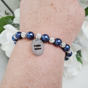 Handmade little sister (petite soeur) pearl and pave crystal charm bracelet, dark blue or custom color -Little Sister Bracelet - Sister Gift - Sister Bracelet