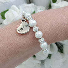Load image into Gallery viewer, Handmade sister pearl and pave crystal rhinestone charm bracelet, ivory or custom color - Sister Pearl Bracelet - Sister Bracelet - Sister Gift