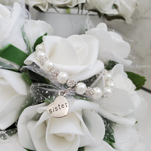 Handmade sister pearl and pave crystal rhinestone charm bracelet, ivory or custom color - Sister Pearl Bracelet - Sister Bracelet - Sister Gift