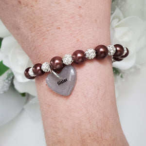 Handmade sister pearl and pave crystal rhinestone charm bracelet, chocolate brown or custom color - Sister Pearl Bracelet - Sister Bracelet - Sister Gift
