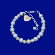 Load image into Gallery viewer, handmade sister pearl and crystal charm bracelet, white and silver or silver and custom color - Sister Pearl Bracelet - Sister Bracelet - Sister Gift