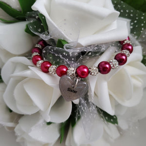 Handmade sister pearl and pave crystal rhinestone charm bracelet, dark pink or custom color - Sister Pearl Bracelet - Sister Bracelet - Sister Gift