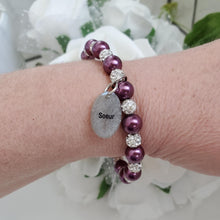 Load image into Gallery viewer, Handmade sister pearl and pave crystal rhinestone charm bracelet, burgundy red or custom color - Sister Pearl Bracelet - Sister Bracelet - Sister Gift