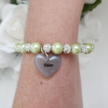 Load image into Gallery viewer, Handmade sister pearl and pave crystal rhinestone charm bracelet, light green or custom color - Sister Pearl Bracelet - Sister Bracelet - Sister Gift