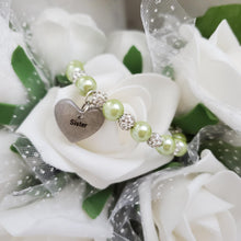 Load image into Gallery viewer, Handmade sister pearl and pave crystal rhinestone charm bracelet, light green or custom color - Sister Pearl Bracelet - Sister Bracelet - Sister Gift