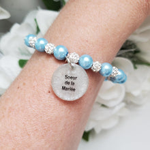 Load image into Gallery viewer, Handmade sister of the groom pearl and pave crystal rhinestone charm bracelet - light blue or custom color - Sister of the Groom Bracelet - Bridal Bracelets
