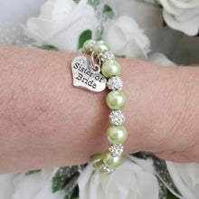 Load image into Gallery viewer, Handmade sister of the bride pearl and pave crystal rhinestone charm bracelet, light green or custom color - Sister of the Bride Bracelet - Bridal Gifts - Bracelets