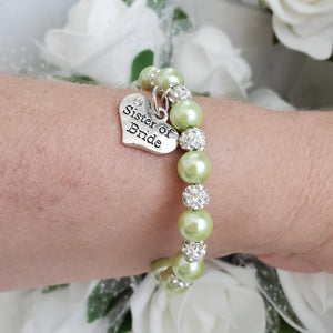 Handmade sister of the bride pearl and pave crystal rhinestone charm bracelet, light green or custom color - Sister of the Bride Bracelet - Bridal Gifts - Bracelets